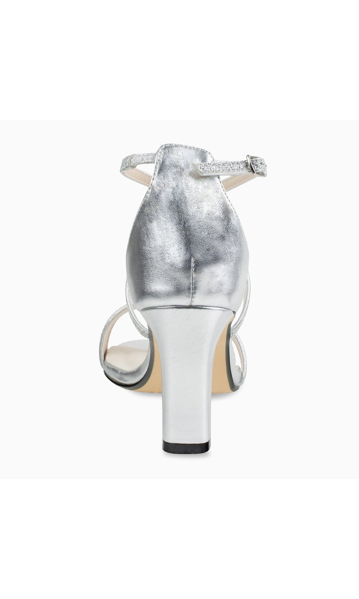 Rear view of the Daphne Silver Prom Shoes: Touch Ups 4617, showcasing a strappy silver design with ankle strap, open heel, and light-colored sole on a plain white background.